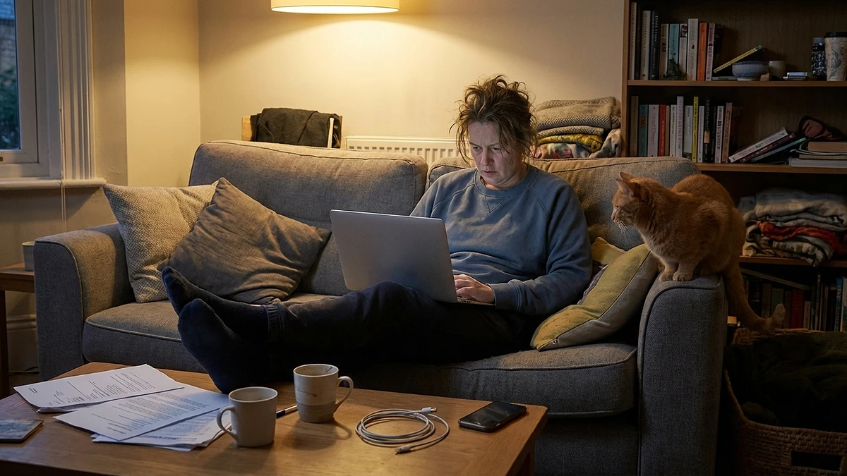 Person working on a laptop on a sofa with poor posture — the common home office mistake