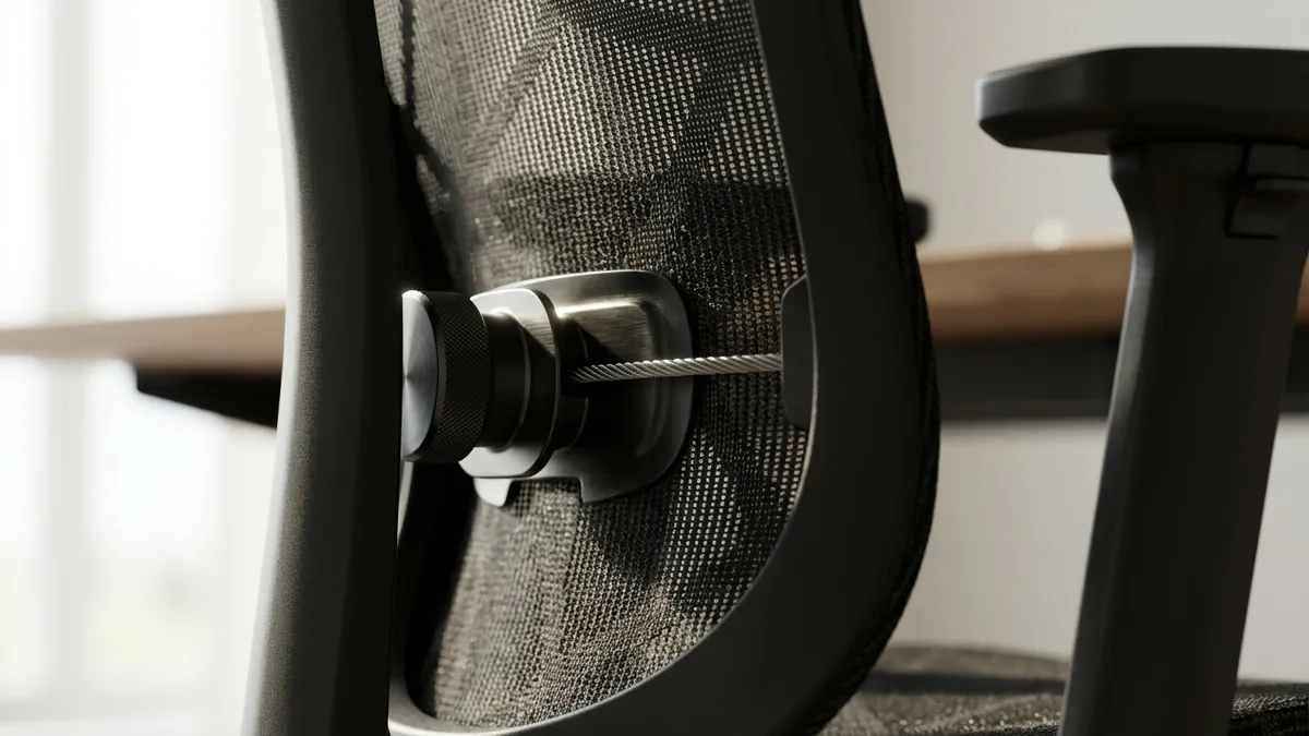 Close-up of ergonomic chair adjustment mechanisms including lumbar support and armrests