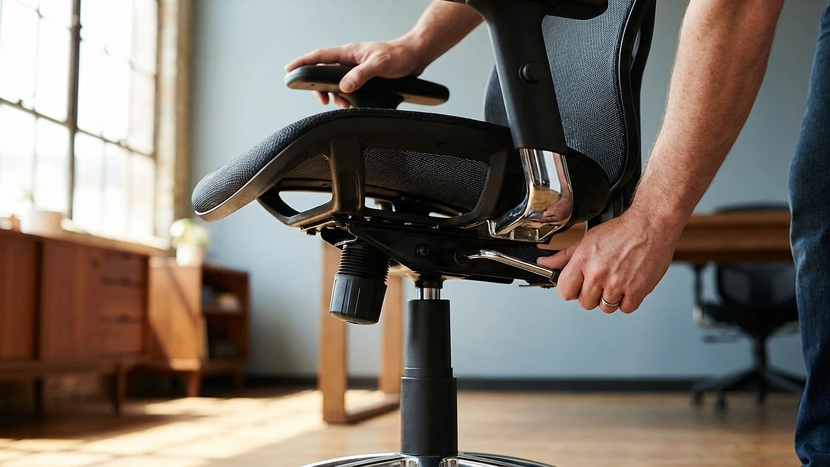Close-up of hands adjusting the seat height lever on an ergonomic office chair