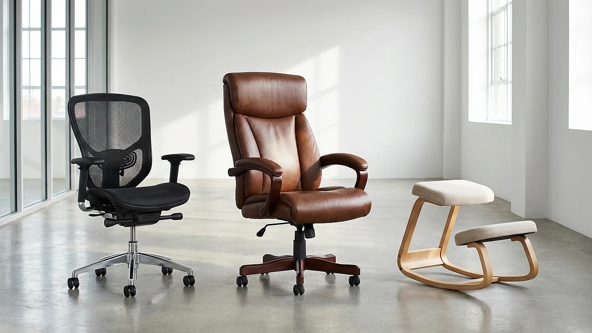 Three types of office chairs compared: mesh ergonomic, leather executive, and kneeling chair