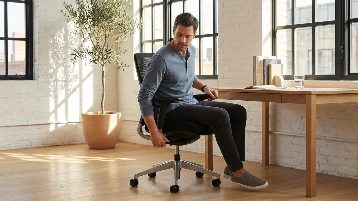 Man sitting with perfect posture in an ergonomic office chair in a cozy home office