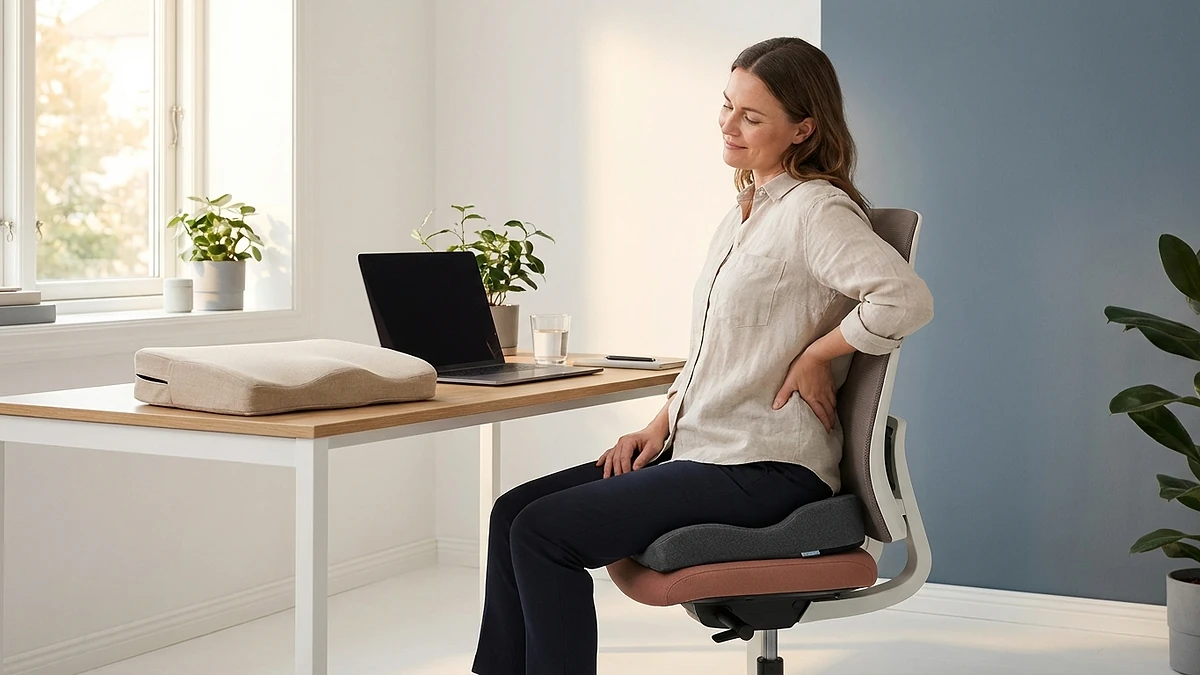 Woman feeling relief after sitting on the right cushion for her condition