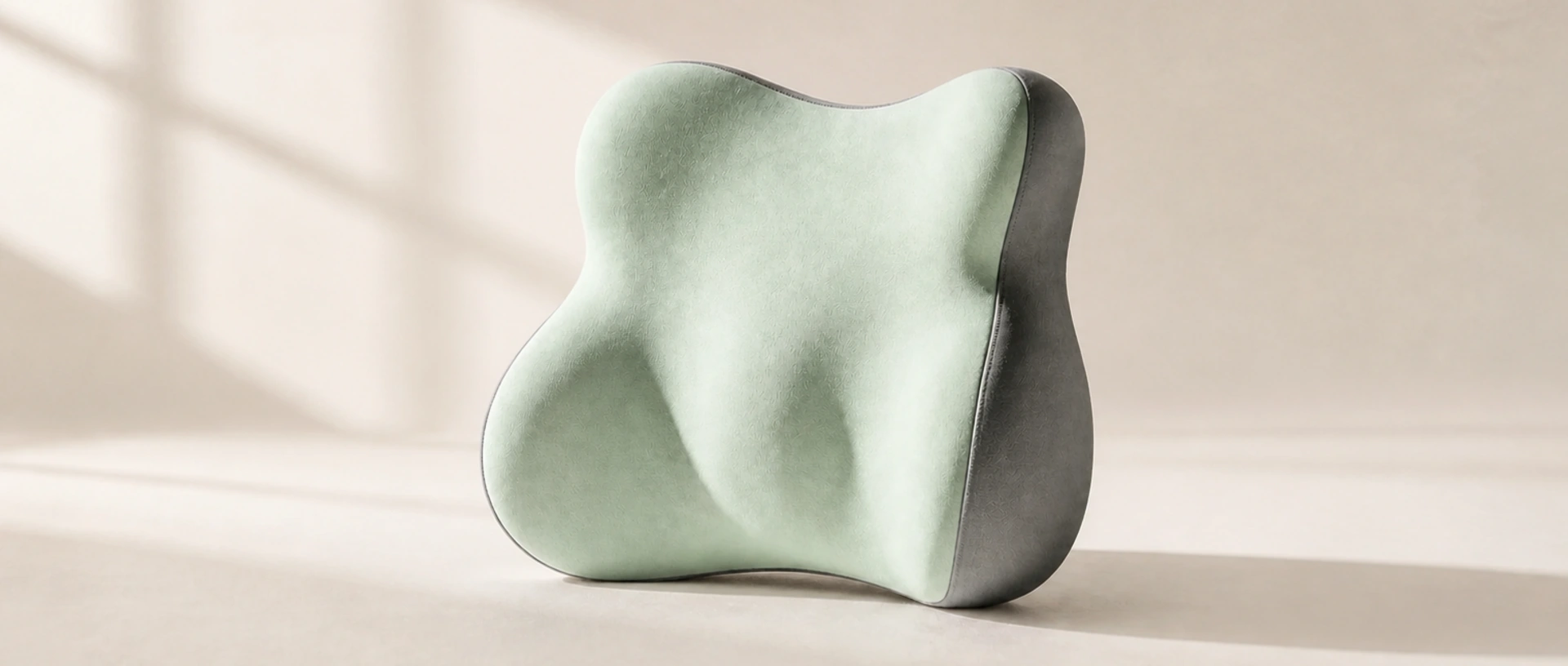 LumaWing Lumbar Cushion showing its central ridge, recessed channels, and broad wings