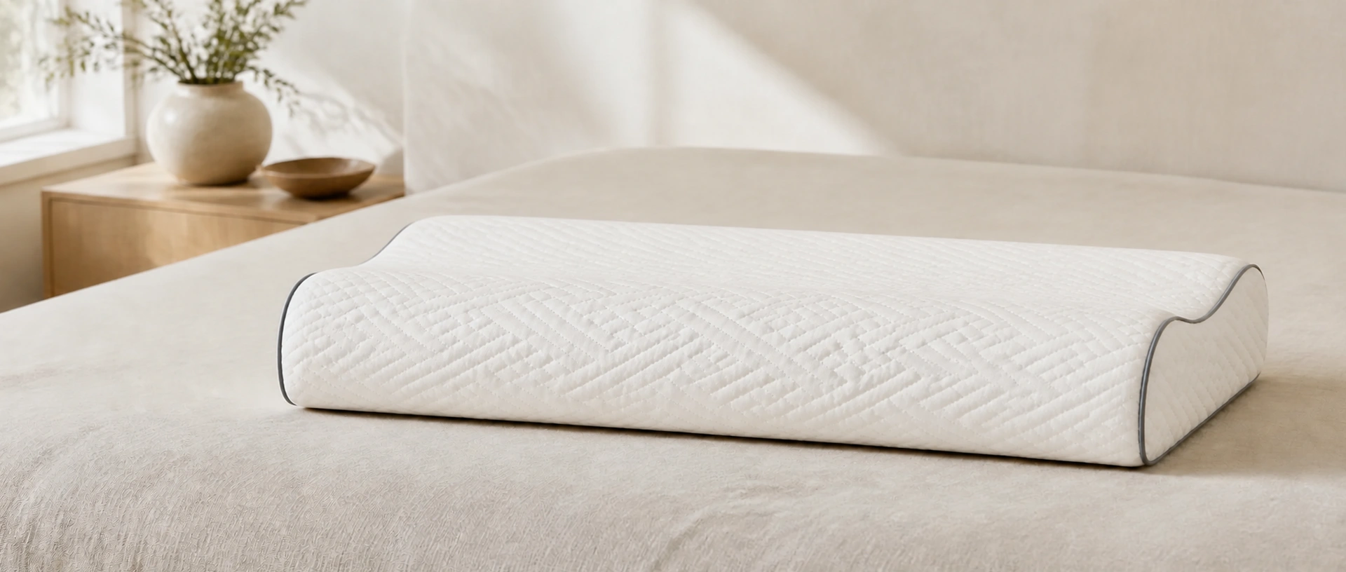 WaveRest low-profile pillow showing its 9 cm and 7 cm edge rolls and broad shallow trough