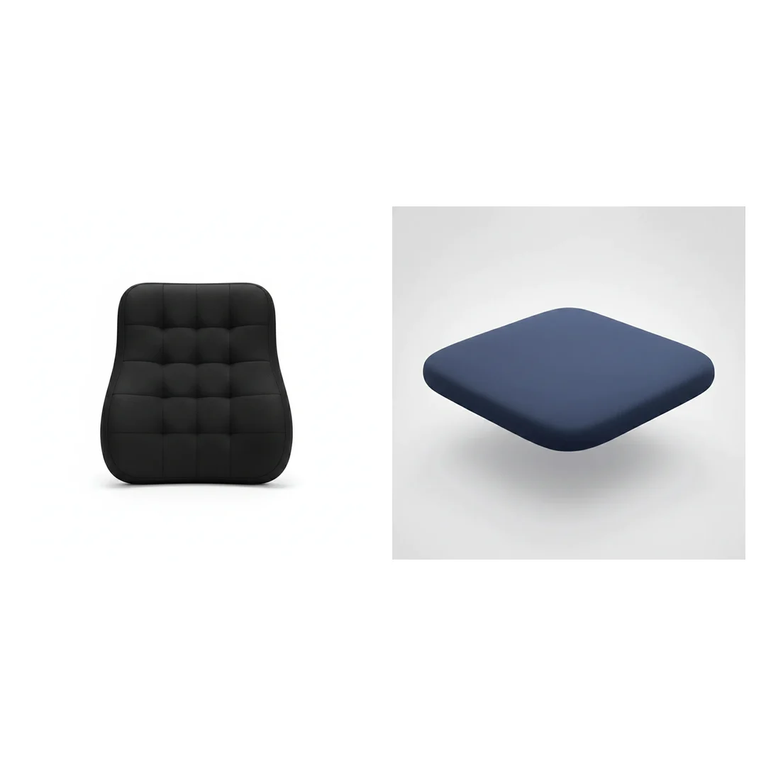 Lumbar support pillow and seat cushion from a remote-work kit arranged on a home-office chair