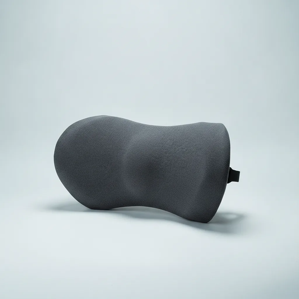 ERGOLA car lumbar pillow with adjustable strap shaped to fill the lower-back curve of a car seat