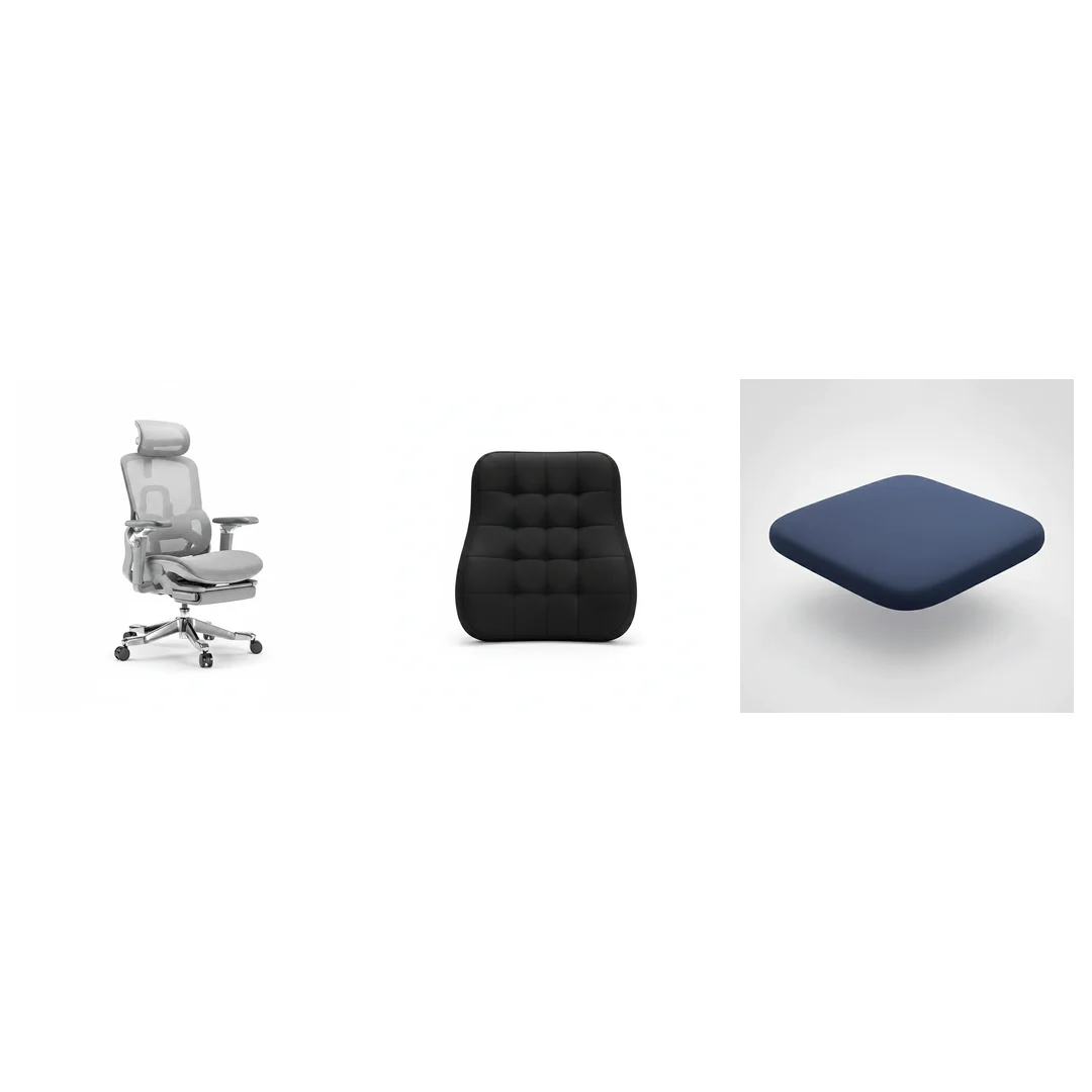 An ergonomic desk setup with chair, lumbar cushion and footrest arranged for neutral sitting posture