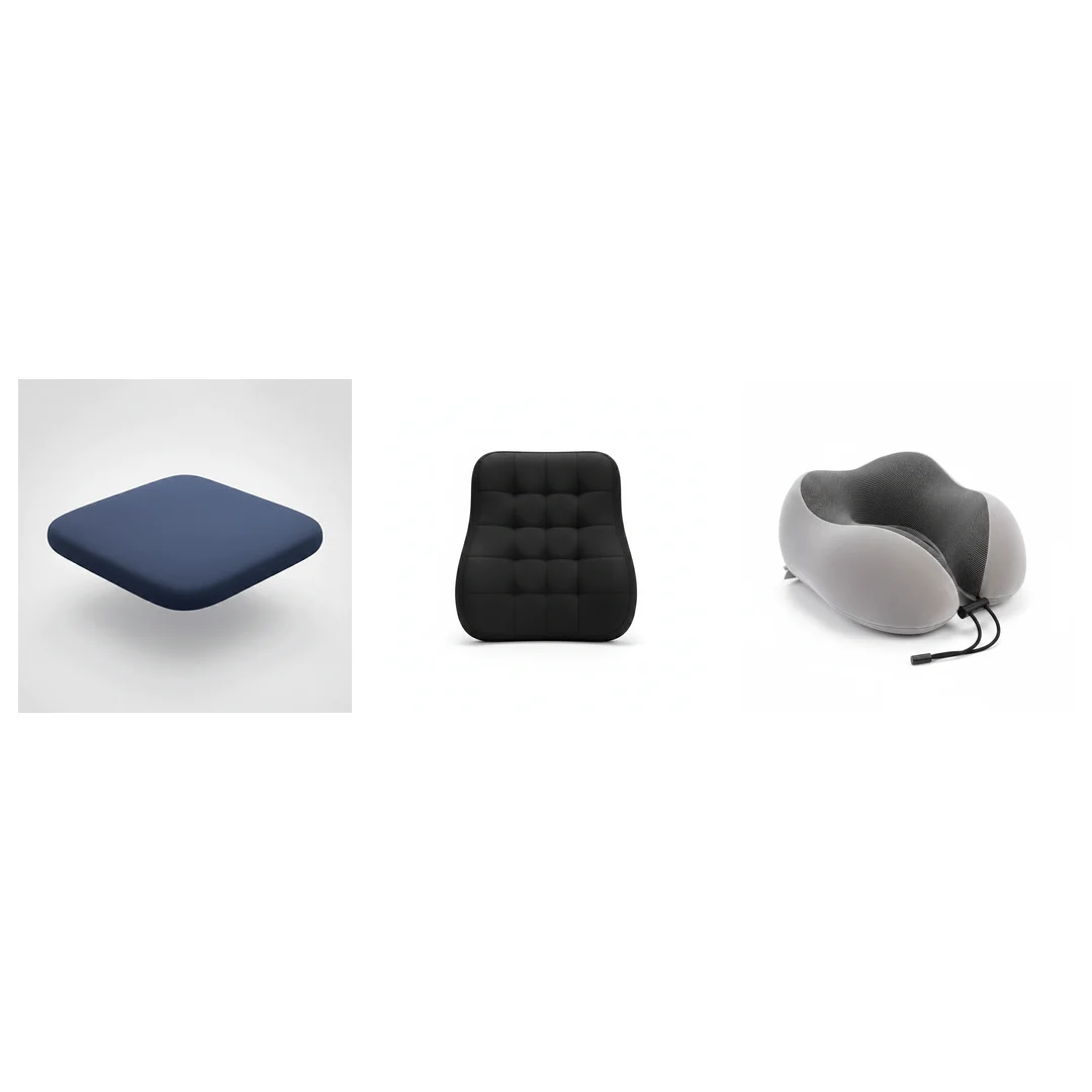 Office comfort kit with lumbar support pillow, seat cushion and footrest laid out as an affordable ergonomic upgrade