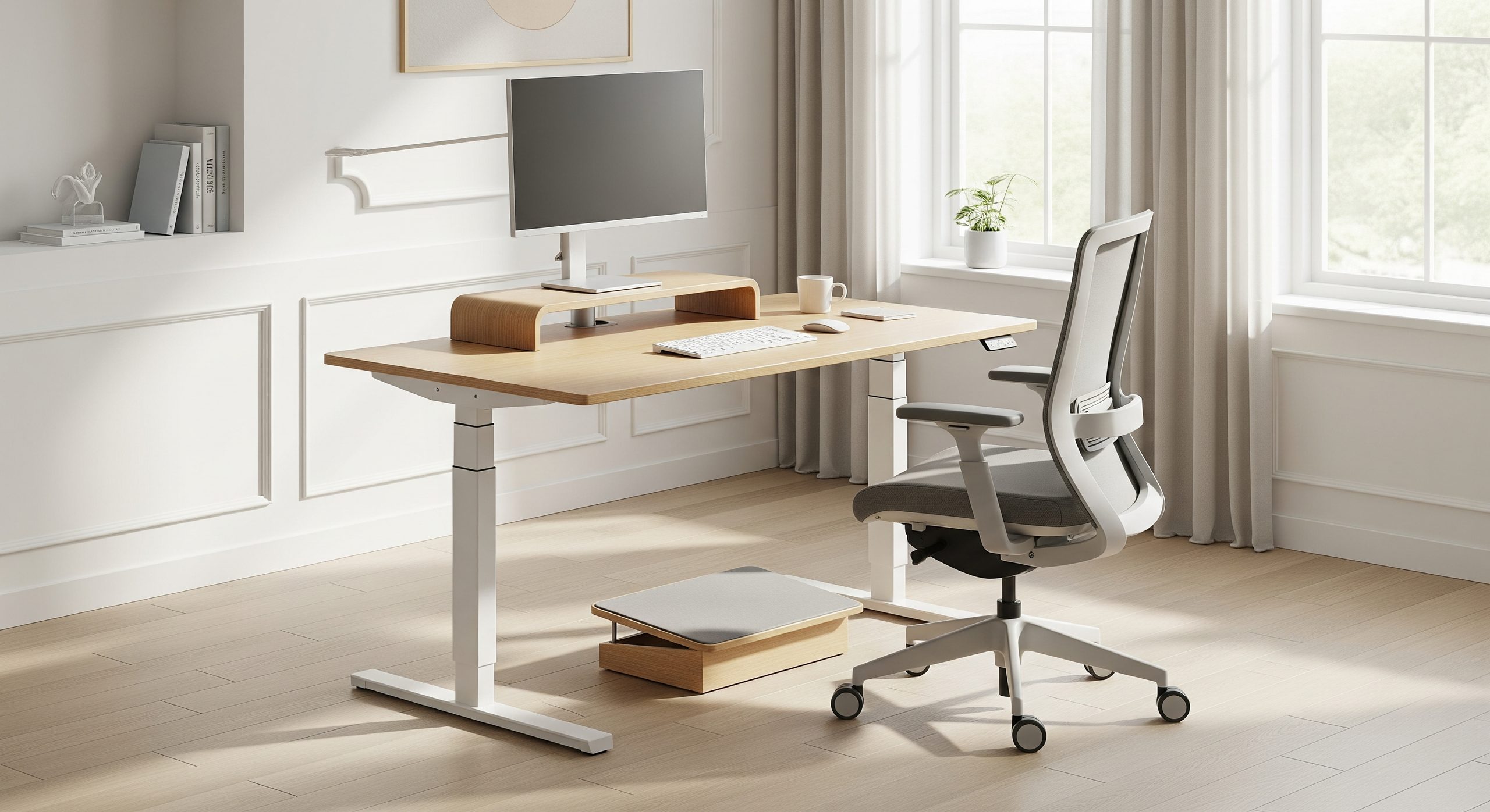 Ergonomic height-adjustable desk workstation with monitor at eye level, mesh chair and footrest in a bright minimal home office
